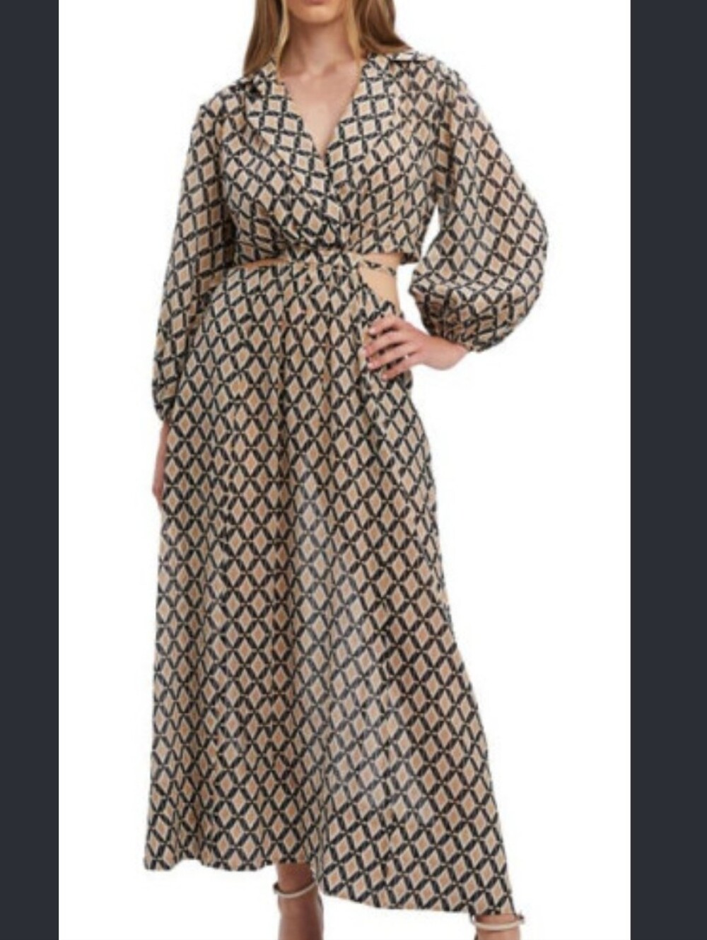 Bardot Geometric Print Maxi Dress in Beige and Black